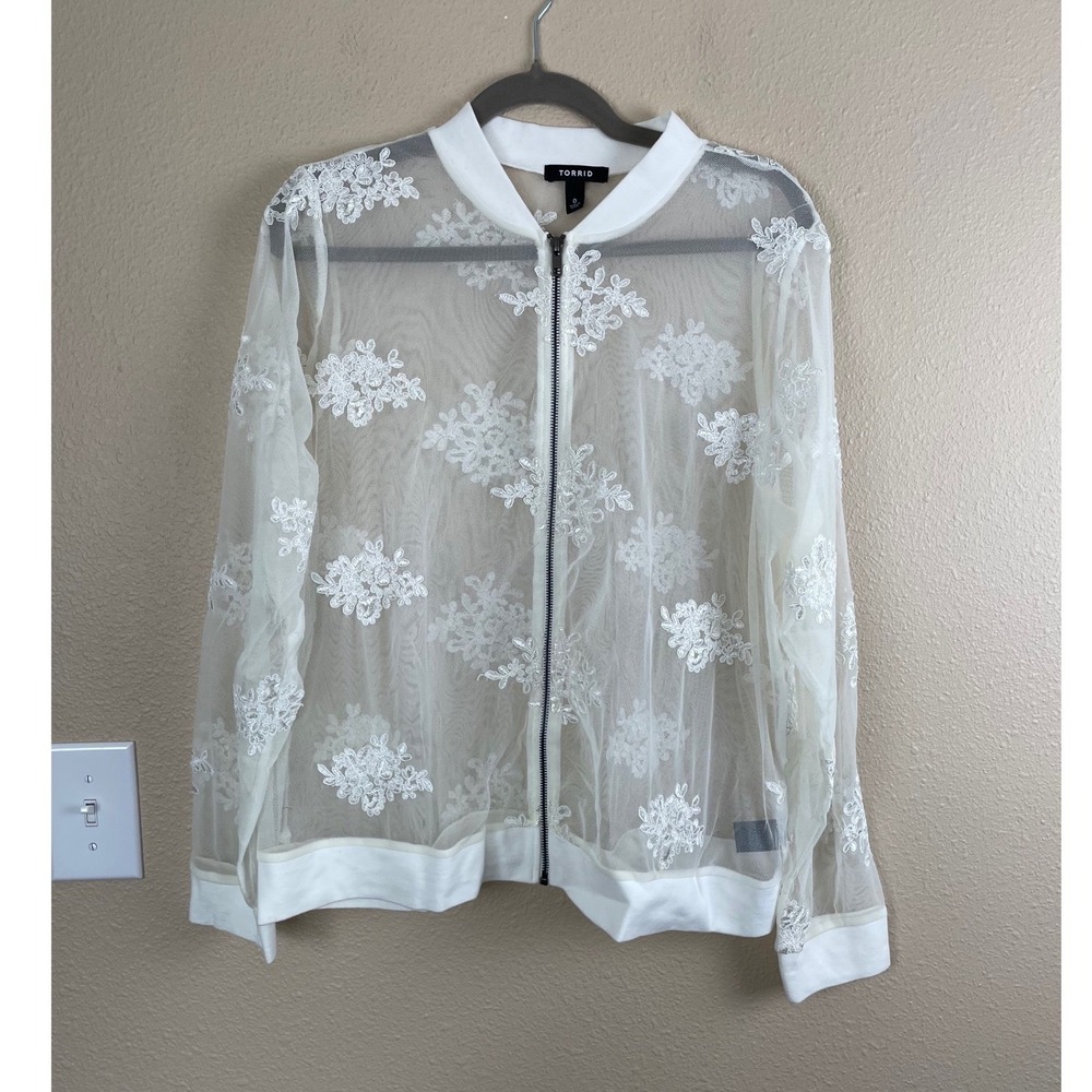Torrid Size 0 Large Ivory Lace Mesh Embroidered Bomber Jacket Long Sleeve Zip - Picture 4 of 11